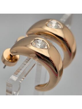 Gold Huggie Hoop Earrings Heart Crystal Dainty